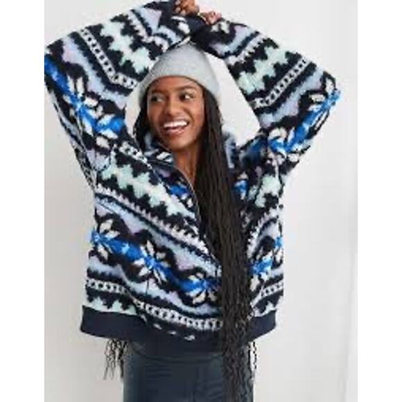 Aerie Women's Fair-isle Fleece Oversize 1/4 Zip Pullover Oversized Medium - Picture 1 of 7